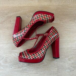 Anne Michelle Vintage Houndstooth Chunky Platform Heels Peep Toe Retro Red Tan